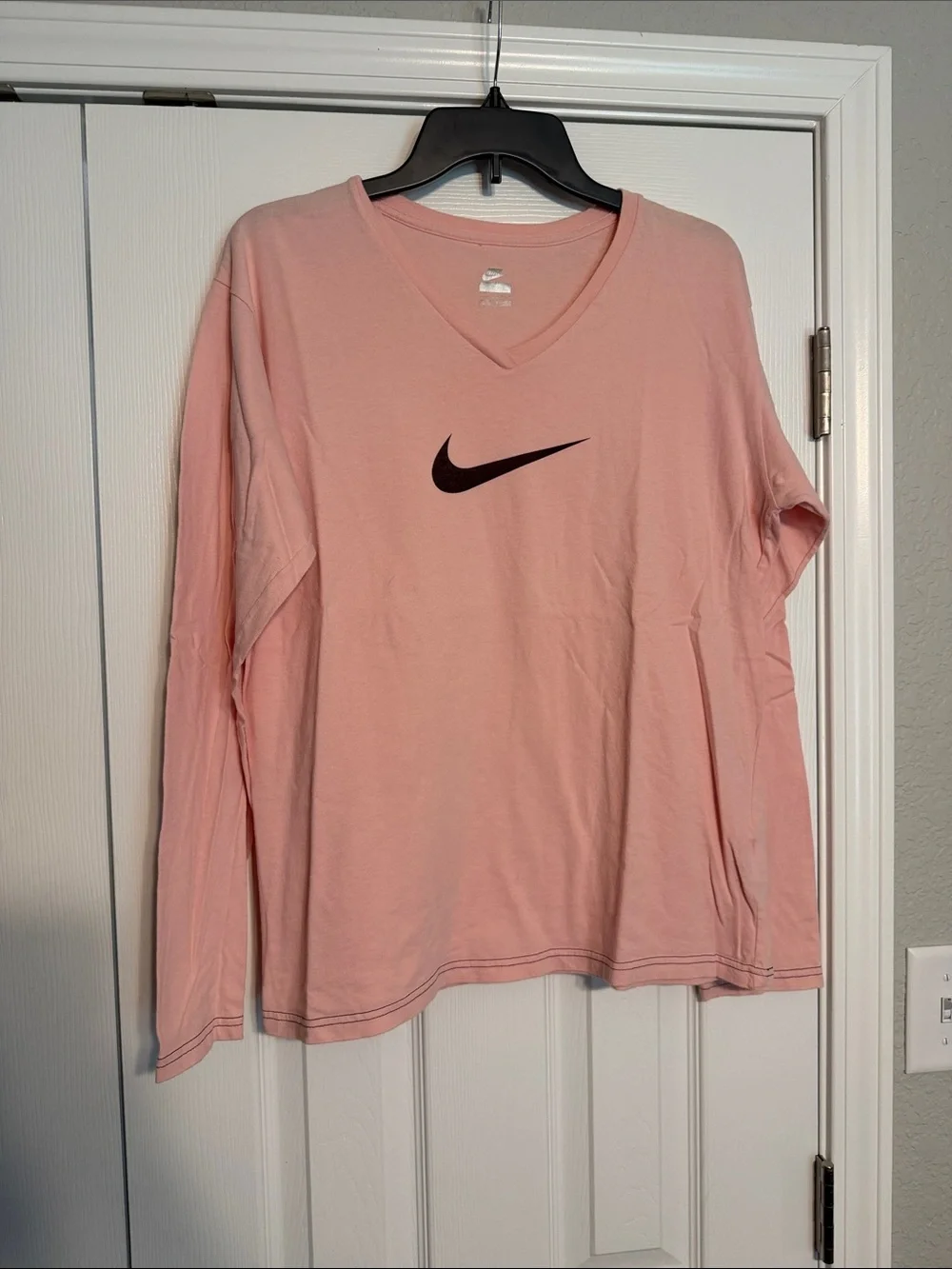 Nike Pink V-Neck Tee with Dark Purple/Black Swoosh Logo